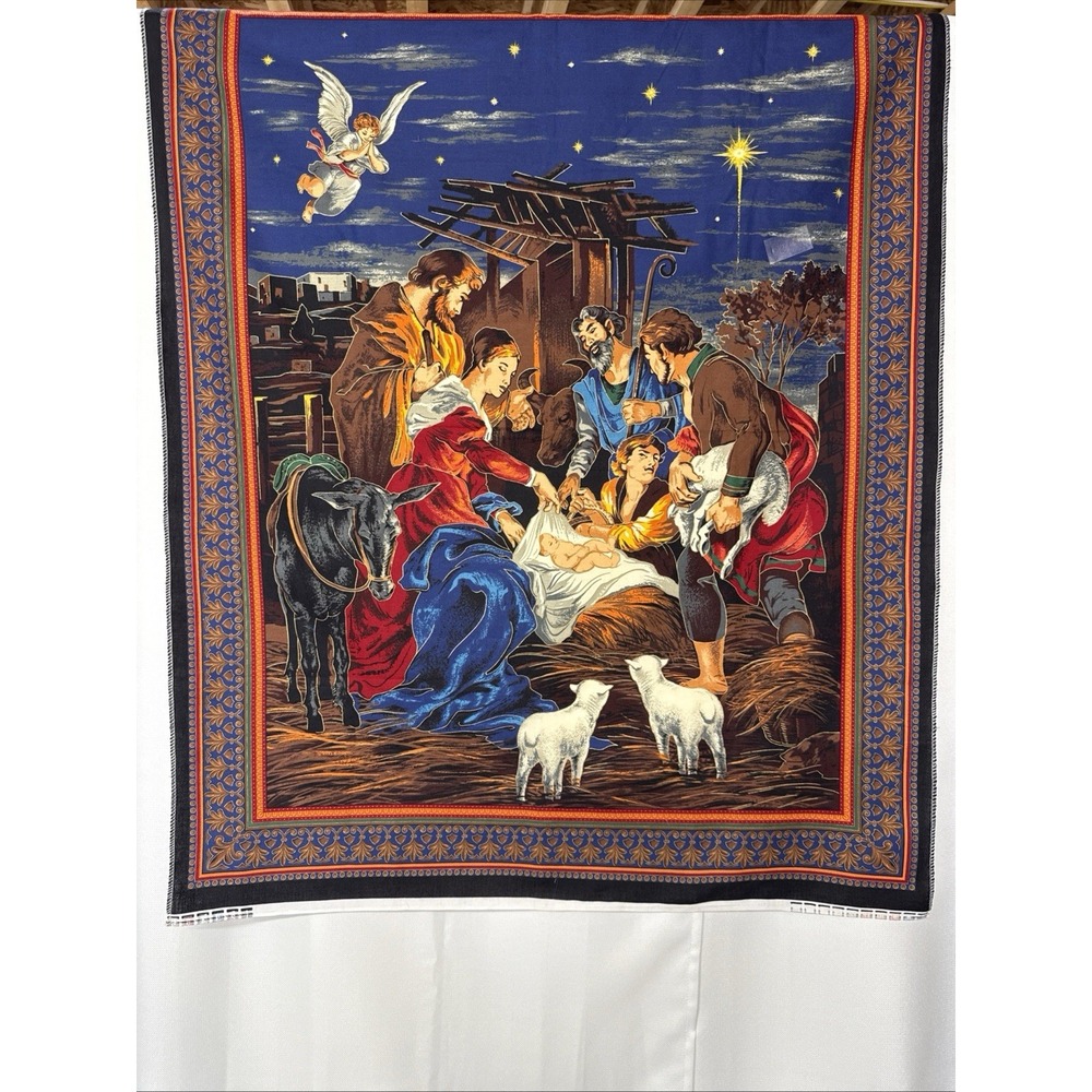 VTG 2004 Cranston Print Christmas Nativity Scene Fabric Panel Vibrant 44x35" USA